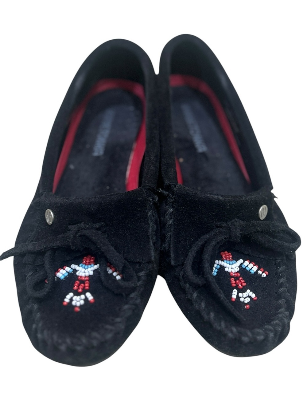 Minnetonka black suede leather beaded moccasins slip on fringe whipstitch 5.5